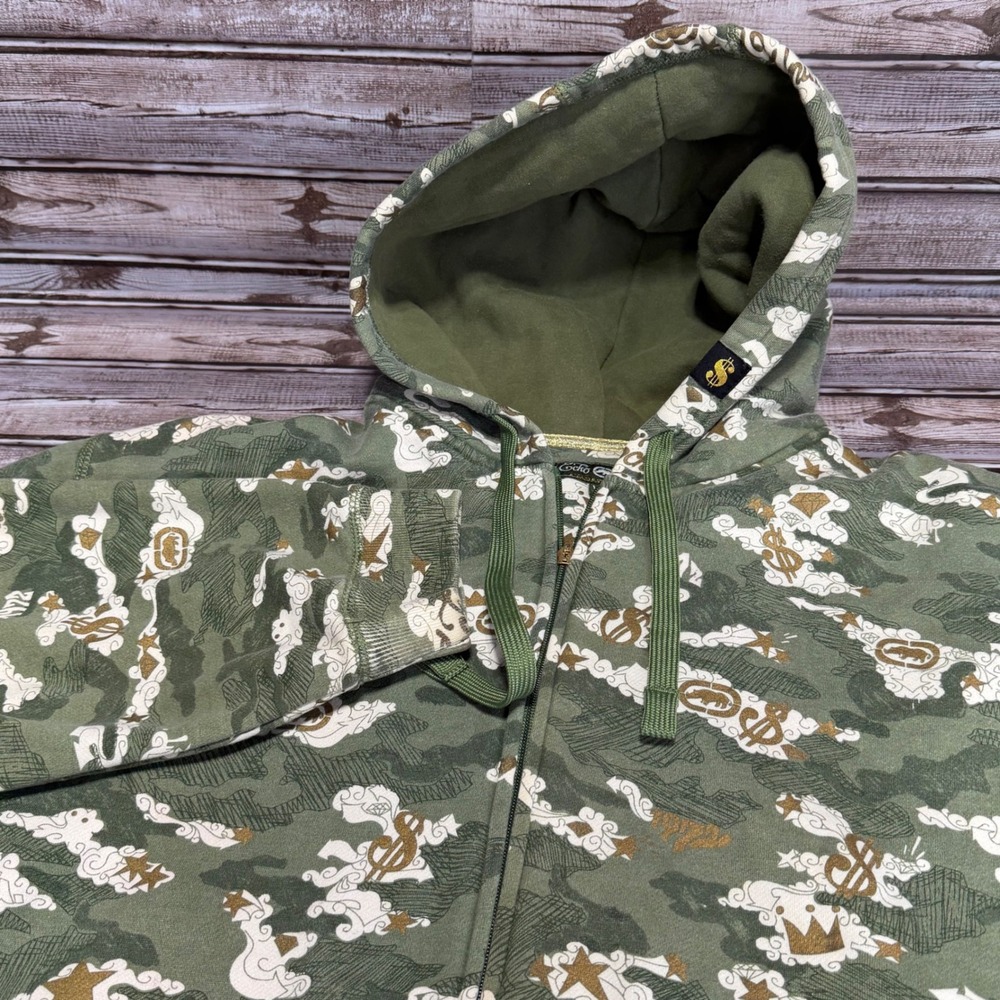 Ecko Unltd Camo Dollar Cloud Full Zip Hoodie‎ XXL Green Gold